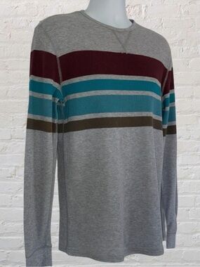 Mossimo Supply Co Men’s Long Sleeve Thermal Shirt Size L Gray Stripe Crew Neck